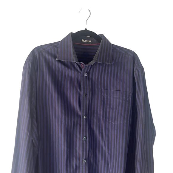 Bugatchi Size XL Blue Black Shaped Fit Striped Print Cotton Button Up Shirt - Picture 2 of 8